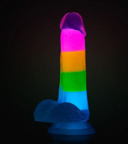 NEO ELITE GLOW IN THE DARK RAINBOW RAVE 6.5 SILICONE DUAL DENSITY DILDO\"