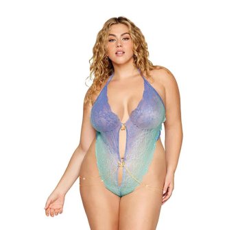 OMBRE STRETCH LACE TEDDY W/ BUTTERFLY CHARMS LAVENDER HAZE /SEAFOAM OSQ