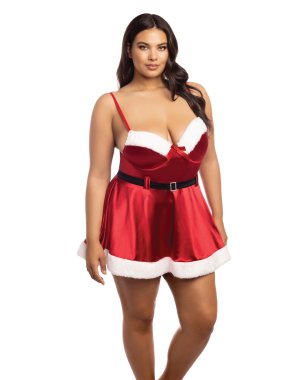 Holiday Vixen Padded Cup Chemise w/Marabou Trim Red/White 1X/2X