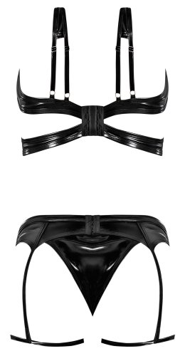 LIQUID ONYX CUT OUT BRA PANTY & STIRRUP GARTER BLACK S/M