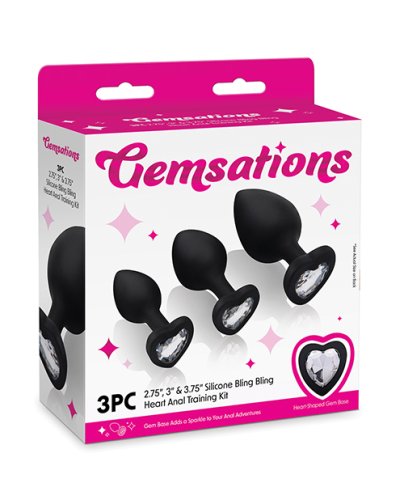 Gemsations 3 pc 2.75\" & 3.15\" & 3.7\" Silicone Bling Bling Heart Butt Plug Training Set - Black