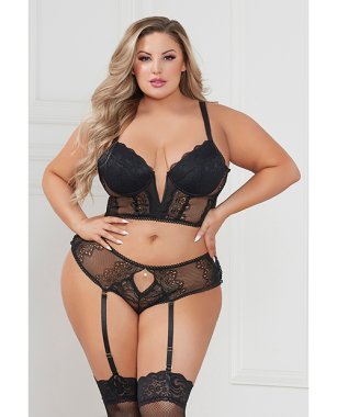 Stretch Lace Cropped Bustier & Cheeky Panty Black 1X/2X