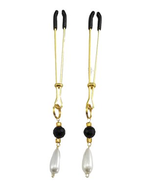 Bijoux de Nip Tweezer Nipple Clamp w/Black & Gold Beads w/Pearl - Gold