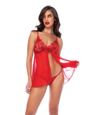 Sequin Embellished Babydoll w/G-String - Red L/XL