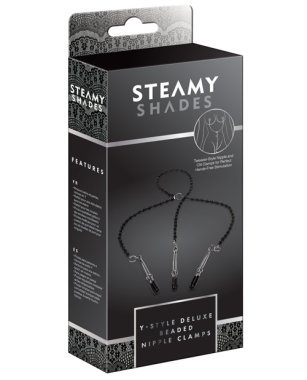 Steamy Shades Y-Style Deluxe Beaded Nipple Clamps - Black/Silver
