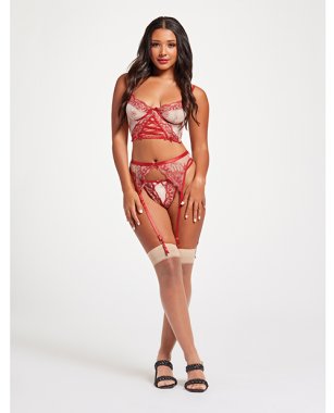 Sheer Stretch Mesh w/Floral Contrast Embroidery Bustier, Garter Belt & Thong Red/Nude SM