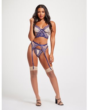 Sheer Stretch Mesh w/Floral Contrast Embroidery Bustier, Garter Belt & Thong Blue/Nude LG