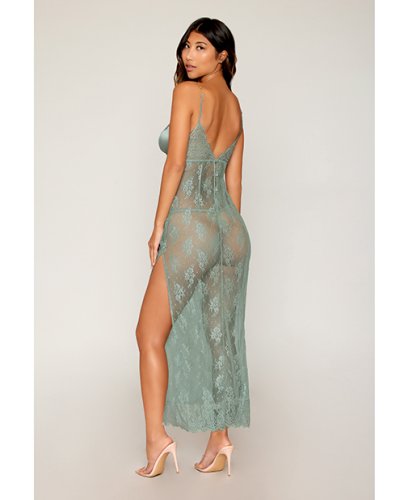 Eyelash Lace & Satin Long Chemise w/G-String - Sage Green XL