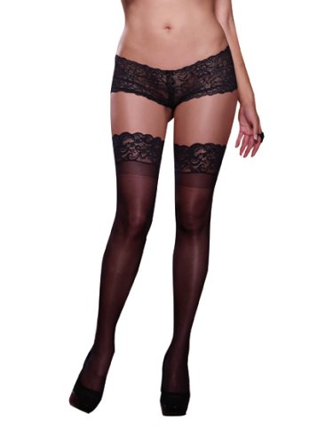 SHEER THIGH HIGH W/ STAY UP LACE TOP BLACK QUEEN