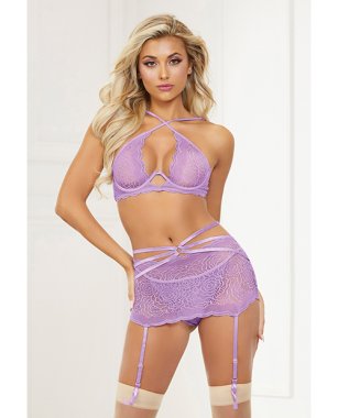 Galloon Lace Bra, Garter Skirt & G-String Lavender O/S