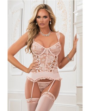 Lace Up Garter Corset w/Thong & Stockings Champagne Pink O/S