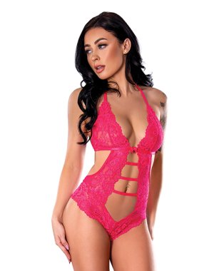 Get It Girl Lace Halter Teddy w/Snap Crotch - Pink S/M