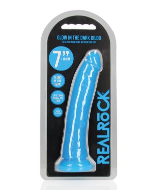 Shots RealRock 7" Slim Dildo Glow in the Dark - Neon Blue