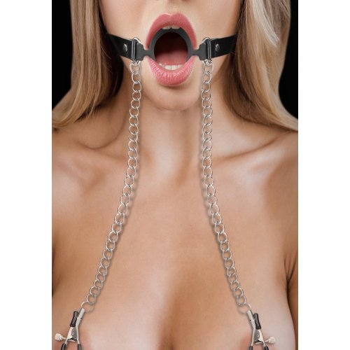 Ouch O-Ring Gag w Nipple Clamps - Black*