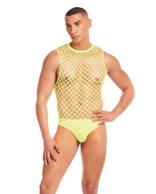 Rainbow Party Full Effect Large Mesh Unitard 2 pc Set w/Thong - Yellow L/XL