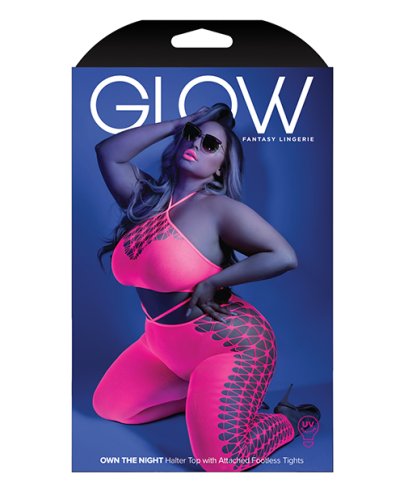 Glow Black Light Cropped Cutout Halter Bodystocking Neon Pink QN