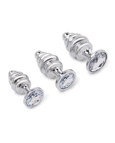 Gemsations 3 pc 2.95\" & 3.25\" & 3.7\" Ripple Bling Bling Metal Butt Plug Training Set - Silver