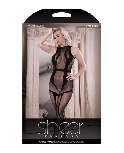 Sheer Cross Faded High Neck Crotchless Bodystocking Black O/S