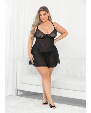 Raised Embroidery Lace Babydoll Black 2X