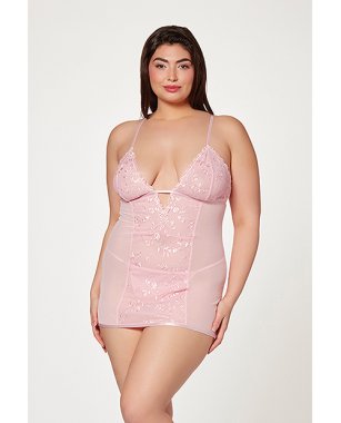 Floral Mesh Chemise & G-String Pink 1X/2X