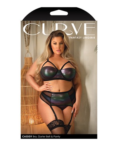 Curve Cassidy Metallic Foil Bra, Garter Belt & Panty Black 1X/2X