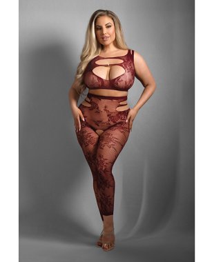 Sheer Undivided Attention Cut-out Lace Top w/ Crotchless Tights - Burgundy QN