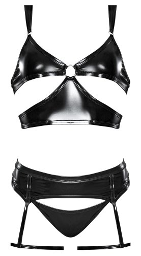 LIQUID ONYX CUT OUT BRA PANTY & STIRRUP GARTER BLACK S/M