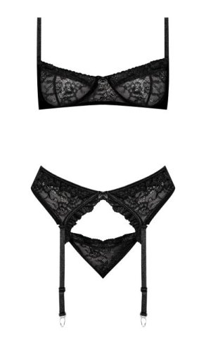 OOH LA LACE DEMI BRA GARTER & TANGA BLACK S/M