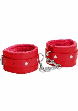 OUCH! PLUSH LEATHER HANDCUFFS RED