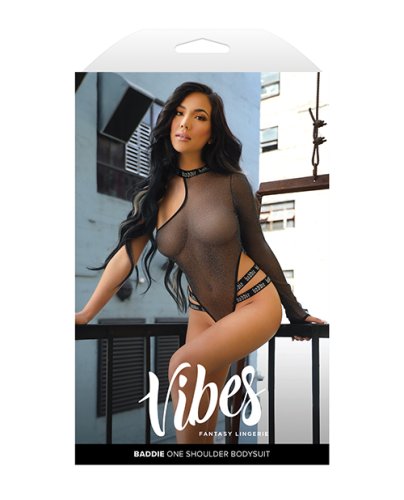 Vibes Baddie Glitter Mesh Bodysuit w/One Shoulder Long Sleeve & Snap Closure - Black S/M