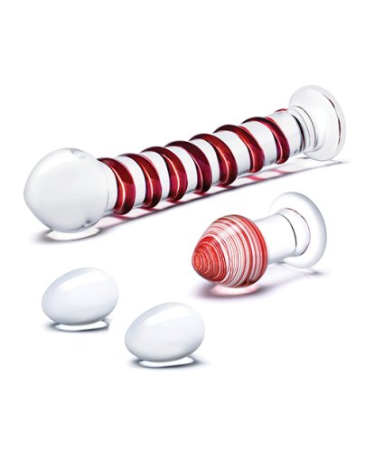 Glas 4 pc Mr. Swirly Set w/Glass Kegel Balls & 3.25\" Butt Plug - Red