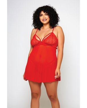 Galloon Lace & Fine Mesh Babydoll & G-String Red 3X