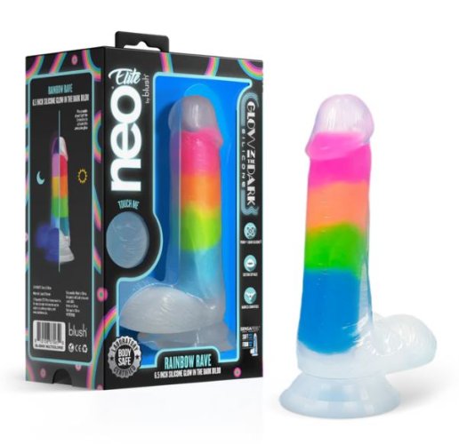 NEO ELITE GLOW IN THE DARK RAINBOW RAVE 6.5 SILICONE DUAL DENSITY DILDO\"