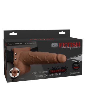 FETISH FANTASY 7.5 IN HOLLOW SQUIRTING STRAP-ON W/ BALLS TAN