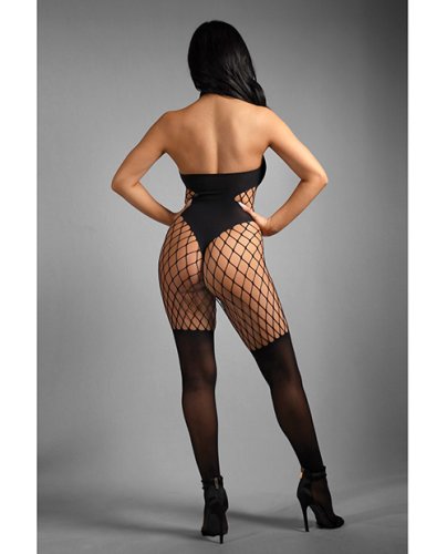 Sheer Lose Control Opaque and Fishnet High Neck Crotchless Bodystocking - Black O/S