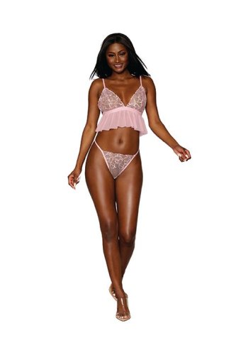 (D) HEART SHAPED EMBROIDERY PA & BRALETTE SET CANDY PINK O/S