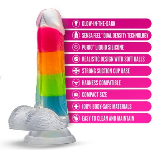 NEO ELITE GLOW IN THE DARK RAINBOW RAVE 6.5 SILICONE DUAL DENSITY DILDO\"