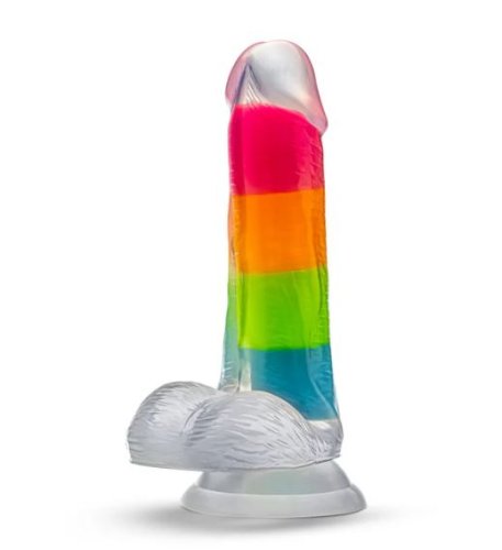 NEO ELITE GLOW IN THE DARK RAINBOW RAVE 6.5 SILICONE DUAL DENSITY DILDO\"