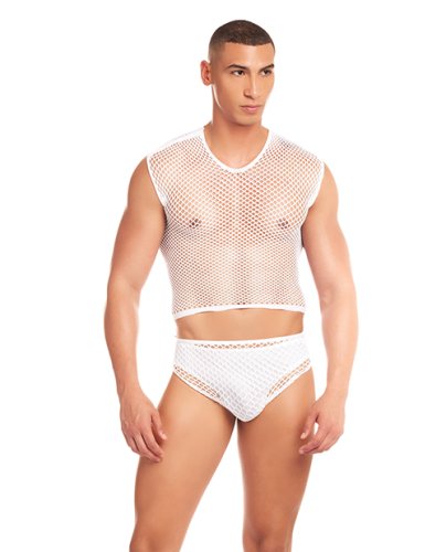 Rainbow Party Net-Flex Large Mesh 3 pc Set w/Thong - White S/M