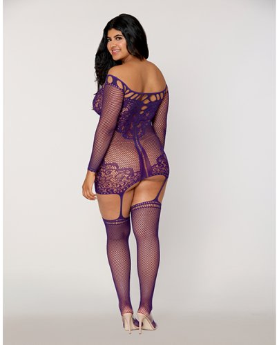 Scalloped Lace and Fishnet Garter Dress w/Attached Stockings - Purple QN