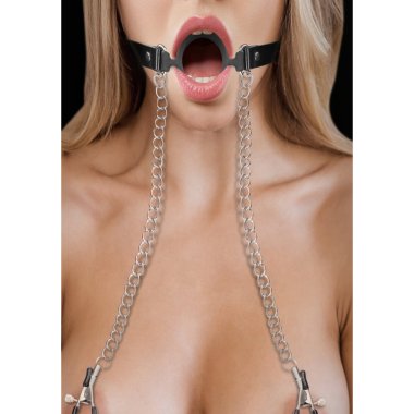 Ouch O-Ring Gag w Nipple Clamps - Black