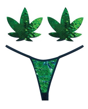 Neva Nude Naughty Knix Weed Leaf Sequin G-String & Pasties - Green O/S