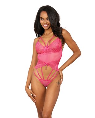 Stretch Lace w/Underwire Cups & Strap Thong Detail Teddy Hot Pink XXL