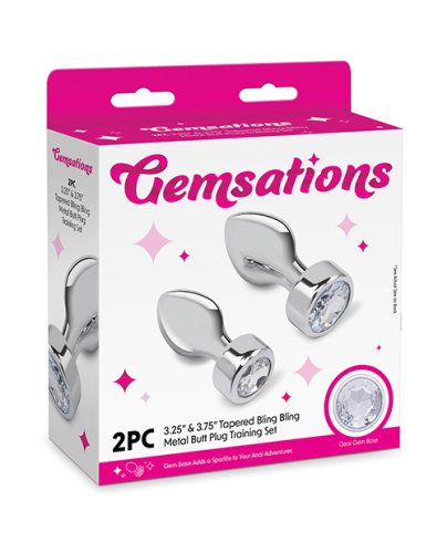 Gemsations 2 pc 3.25\" & 3.7\" Tapered Bling Bling Metal Butt Plug Training Set - Silver