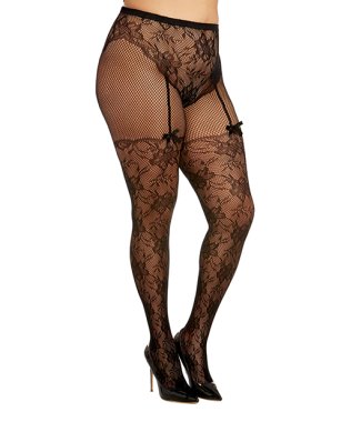 Lace and Fishnet Pantyhose with High-Waisted Lace Panty Design - Black QN