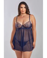 Jennie Cross Dyed Galloon Lace & Mesh Babydoll Navy 3X