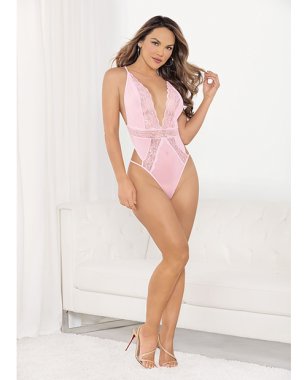 Sexy Lace Deep V Teddy w/Bow Pink SM