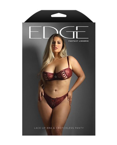 Edge Lace and Mesh Underwire Bra & Crotchless Panty w/Lace-up Detail - Burgundy QN