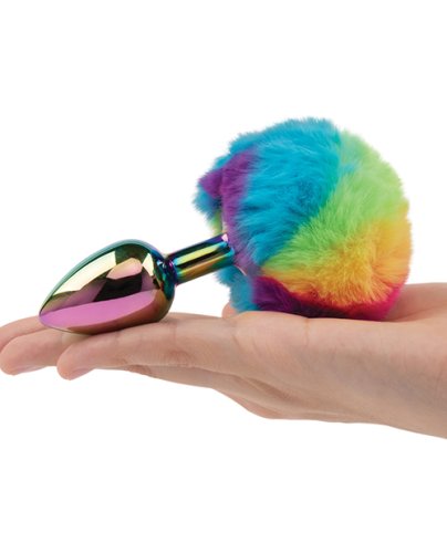 Gemsations 2.95\" Metal Bunny Tail Rainbow Butt Plug - Rainbow