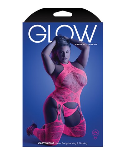 Glow Captivating Halter Bodystocking & G-String Neon Pink QN